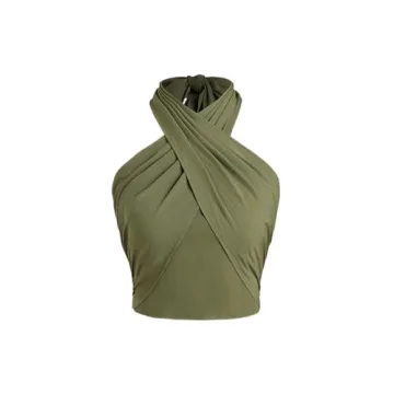 CIDER Cross Halter Shirred Back Crop Top  – Versatile Style in Green, S