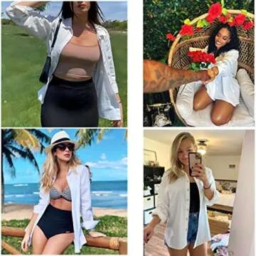 HOTOUCH Oversized White Button Down Shirt Women Linen Cotton V Neck Long Sleeve Blouse Casual Collared Gauze Tops XXL