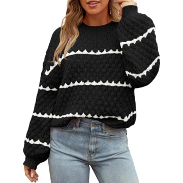MEROKEETY Women's Striped Long Sleeve Pullover Sweater Crew Neck Oversized Fall Casual Knit Jumper T...