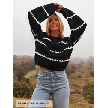 MEROKEETY Women's Striped Long Sleeve Pullover Sweater Crew Neck Oversized Fall Casual Knit Jumper Tops, Black, M