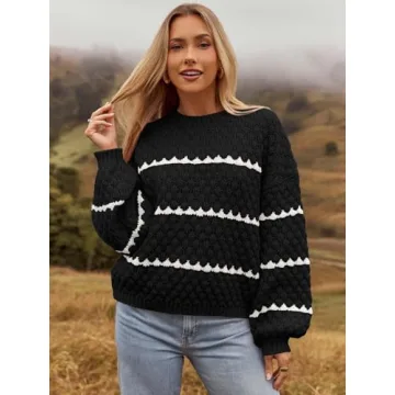 MEROKEETY Women's Striped Long Sleeve Pullover Sweater Crew Neck Oversized Fall Casual Knit Jumper Tops, Black, M