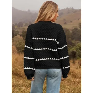 MEROKEETY Women's Striped Long Sleeve Pullover Sweater Crew Neck Oversized Fall Casual Knit Jumper Tops, Black, M