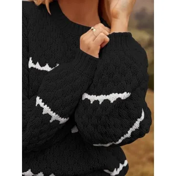 MEROKEETY Women's Striped Long Sleeve Pullover Sweater Crew Neck Oversized Fall Casual Knit Jumper Tops, Black, M