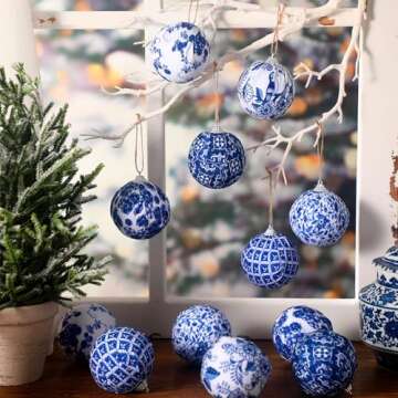 Preboun 12 Pcs Winter Blue and White Chinoiserie Ball Ornaments Winter Tree Hanging Ornaments Chinoi...