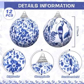 Preboun 12 Pcs Winter Blue and White Chinoiserie Ball Ornaments Winter Tree Hanging Ornaments Chinoiserie Fabric Wrapped Winter Decoration for Party (2.76 Inch)
