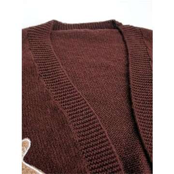 Women's Cartoon Print Drop Shoulder Cardigan, Gingerbread Sweater Women, Gingerbread Cardigan (US, Alpha, X-Large, Regular, Regular, Brown)