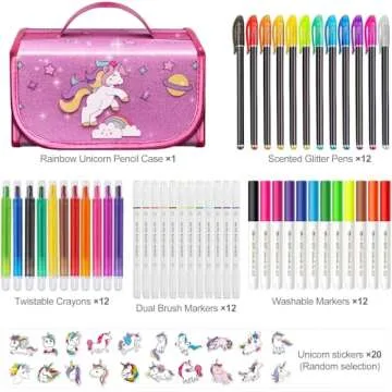 beefunni Unicorn Washable Markers Set 48 pcs with Glitte Pencil Case, Art Supplies for Kids Ages 4-6-8, Arts Crafts Coloring Set with Stickers - Birthday Gifts for Girls 4 5 6 7 8 9 Year Old