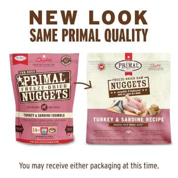 Primal Freeze Dried Raw Dog Food Nuggets, Turkey & Sardine Complete & Balanced Meal, Also Use as Top...