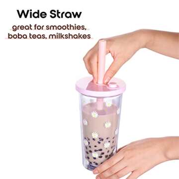 UPLYO Reusable Boba Cup Smoothie Cup with Resealable Lid Plug - 550 ml/20 oz Double Wall Insulated Boba Tea Cup Boba Tumbler Milk Tea Cup with Wide Reusable Straw