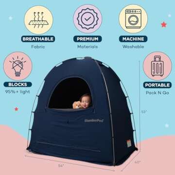 SlumberPod Portable Privacy Pod Blackout Canopy Crib Cover, Sleeping Space for Age 4 Months and Up with Monitor Pouch and Zipper, Blackout Cover, Travel Crib Canopy (Navy, Standard (No Fan))