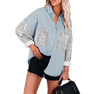 Stylish Sky Blue Leopard Denim Shacket for Women - Oversized Casual Comfort
