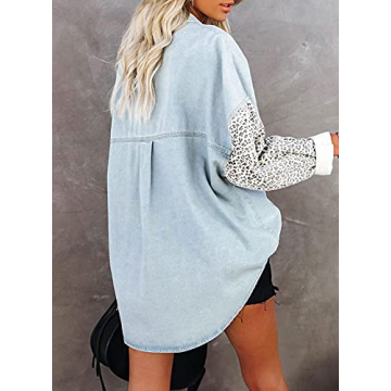 Women's Leopard Denim Shacket - Oversized Sky Blue Jacket