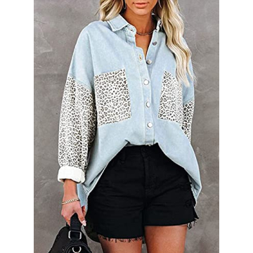 Women's Leopard Denim Shacket - Oversized Sky Blue Jacket