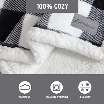 Eddie Bauer - Throw Blanket, Reversible Sherpa Fleece Bedding, Buffalo Plaid Home Decor for All Seasons (Black Check, Throw)