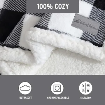 Eddie Bauer - Throw Blanket, Reversible Sherpa Fleece Bedding, Buffalo Plaid Home Decor for All Seasons (Black Check, Throw)
