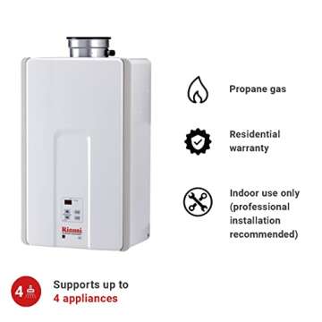 Rinnai V65iP Tankless Hot Water Heater, 6.5 GPM, Propane, Indoor Installation