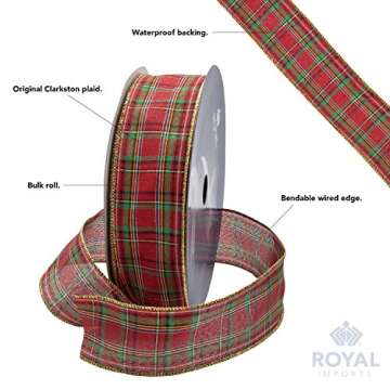Royal Imports Wired Traditional Clarkston Tartan Plaid Christmas Waterproof Ribbon, Floral & Craft Decor - 2.5" (#40) - 50 Yd (150') - Gold Edge