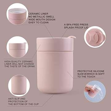Ceramic Coffee Mug, Reusable Insulated Coffee Cups with Lids Cute Travel Mugs Protective Silicone Sleeve, 10 Ounces, To Go Mug for Coffee Tea Portable Office or Home Cups Dishwasher Safe (pink)