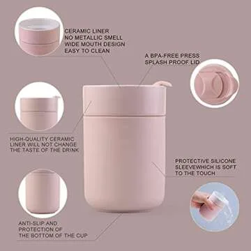 Ceramic Coffee Mug, Reusable Insulated Coffee Cups with Lids Cute Travel Mugs Protective Silicone Sleeve, 10 Ounces, To Go Mug for Coffee Tea Portable Office or Home Cups Dishwasher Safe (pink)