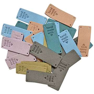 Daimay 30PCS PU Leather Label Clothing Hand Made Embossed Tag Embellishment Knit DIY Accessories for Jeans Bags Shoes Hat –2x5cm 6 Colors