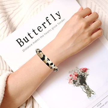 GOOJIDS Bamboo Tube Bangles Bracelet Chunky Curved Stacking Clear Acrylic Colorful Beads Stretchable Friendship Gold Bracelets Gift For Women (N-Gold Disc&Leopard Tube)