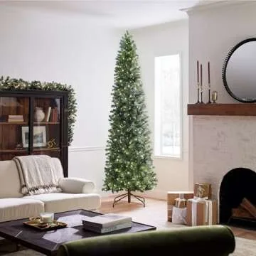 National Tree Company Pre-Lit 'Feel Real' Artificial Slim Downswept Christmas Tree, Green, Douglas Fir, Dual Color LED Lights, Includes PowerConnect and Stand, 9 feet