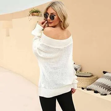 Exlura Women's Oversized Off Shoulder Sweater Jumper in White