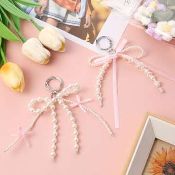 Yuanchu 2Pcs Pearl Bow Keychain, Cute Bowknot Beaded Keyring Charms Aesthetic Pink Bag Charms Purse Car Key Chain for Women