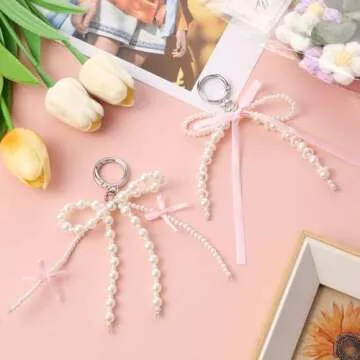 Yuanchu 2Pcs Pearl Bow Keychain, Cute Bowknot Beaded Keyring Charms Aesthetic Pink Bag Charms Purse Car Key Chain for Women