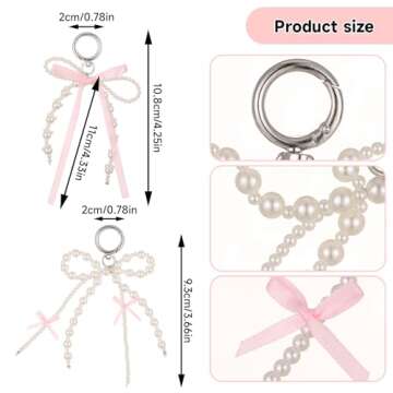 Yuanchu 2Pcs Pearl Bow Keychain, Cute Bowknot Beaded Keyring Charms Aesthetic Pink Bag Charms Purse Car Key Chain for Women