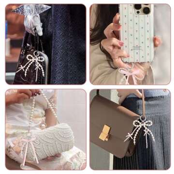 Yuanchu 2Pcs Pearl Bow Keychain, Cute Bowknot Beaded Keyring Charms Aesthetic Pink Bag Charms Purse Car Key Chain for Women