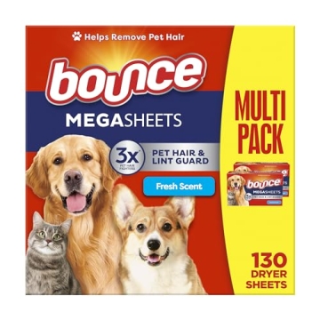 Bounce Pet Hair and Lint Guard Mega Dryer Sheets with 3X Pet Hair Fighters, Fresh Scent, 130 Count, ...