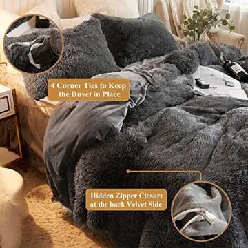 XeGe Plush Shaggy Duvet Cover Set, Luxury Ultra Soft Crystal Velvet Fluffy Bedding Sets 3 Pieces(1 Furry Faux Fur Comforter Cover + 2 Fuzzy Faux Fur Pillowcases), Zipper Closure(Queen, Dark Gray)