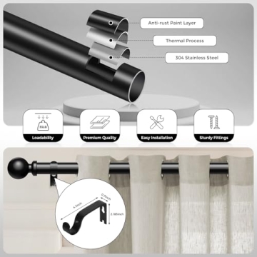 Adjustable Black Curtain Rods 48 to 84 Inch for Home Style
