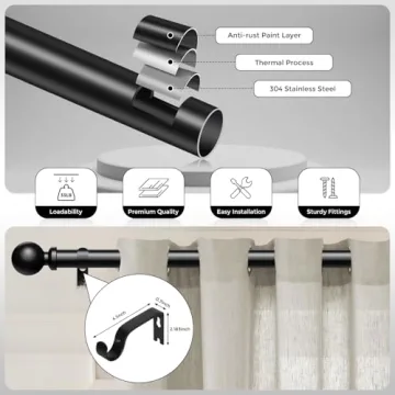 Adjustable Black Curtain Rods 48 to 84 Inch for Home Style