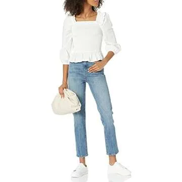The Drop Women's Marisol Long Sleeve Ruffle Smocked Cropped Top, White, S