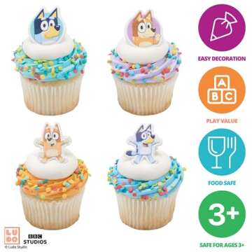 DecoPac Bluey So Much Fun Rings, 24 Cupcake Decorations Featuring Bluey, Bingo, Bandit, and Chilli, ...