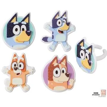 DecoPac Bluey So Much Fun Rings, 24 Cupcake Decorations Featuring Bluey, Bingo, Bandit, and Chilli, 3D Food Safe Cake Toppers – 24 Pack