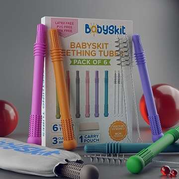 BABYSKIT Flexible Hollow Teething Tubes for Infants - Easy to Hold and Clean Teething Straws for Babies, Safe Silicone Teething Stick for Babies Quality Teething Tubes for Babies 0-6 Months