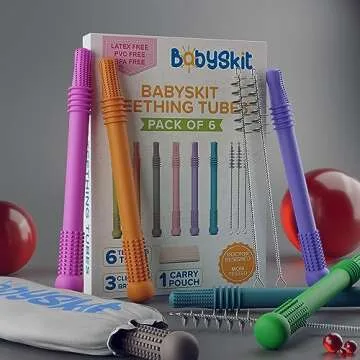 BABYSKIT Flexible Hollow Teething Tubes for Infants - Easy to Hold and Clean Teething Straws for Babies, Safe Silicone Teething Stick for Babies Quality Teething Tubes for Babies 0-6 Months