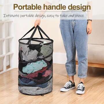 Handy Laundry Collapsible Mesh Pop Up Hamper, Mesh Laundry Basket/Bag with Durable Handles, Breathable, Sturdy, Foldable, and Space-Saving Design for Clothes and Storage(Black)