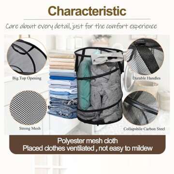 Handy Laundry Collapsible Mesh Pop Up Hamper, Mesh Laundry Basket/Bag with Durable Handles, Breathable, Sturdy, Foldable, and Space-Saving Design for Clothes and Storage(Black)