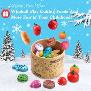 WHOHOLL Wooden Play Food for Kids Kitchen Playset, Play Kitchen Accessories Pretend Cutting Food Mon...