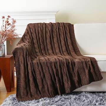 Battilo Brown Cable Knit Throw Blanket - Cozy Decorative Knitted Blanket 50"x60"