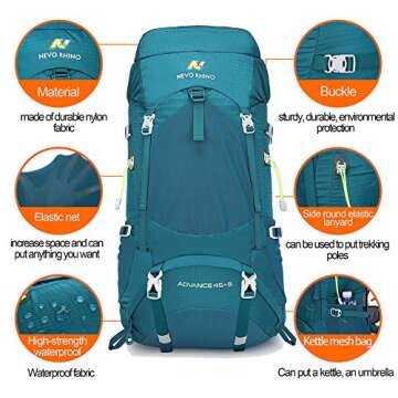 N NEVO RHINO Hiking Backpack, 40L/50L/60L/70L/80L Waterproof Camping Backpacking Daypack (Green 60L, (55+5) L)