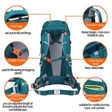 N NEVO RHINO Hiking Backpack, 40L/50L/60L/70L/80L Waterproof Camping Backpacking Daypack (Green 60L, (55+5) L)