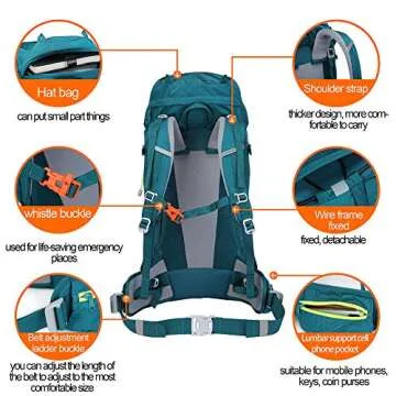 N NEVO RHINO Hiking Backpack, 40L/50L/60L/70L/80L Waterproof Camping Backpacking Daypack (Green 60L, (55+5) L)