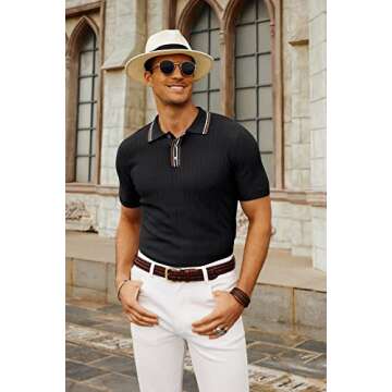 PJ PAUL JONES Mens 1960s Vintage Polo Shirts Contrast Lapel Collar Button Up Polo Sweaters Bowling Shirt Lightweight Black M