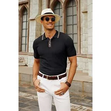 PJ PAUL JONES Mens 1960s Vintage Polo Shirts Contrast Lapel Collar Button Up Polo Sweaters Bowling Shirt Lightweight Black M