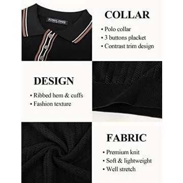 PJ PAUL JONES Mens 1960s Vintage Polo Shirts Contrast Lapel Collar Button Up Polo Sweaters Bowling Shirt Lightweight Black M